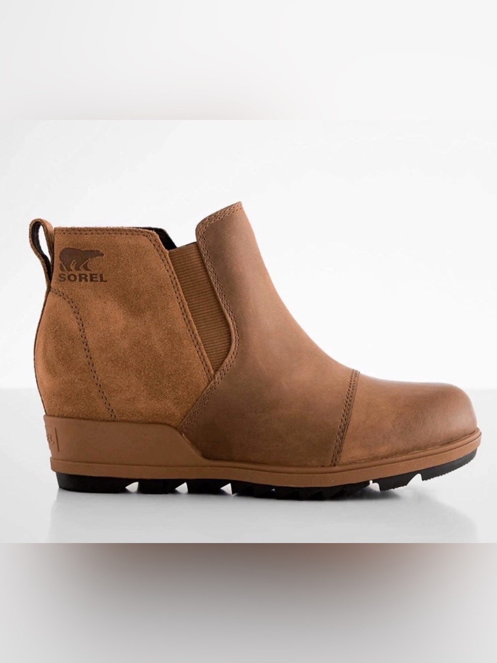 Sorel Womens Evie Boots 7.5 Brown Leather Suede Chelsea Bootie Mid Wedge Heel